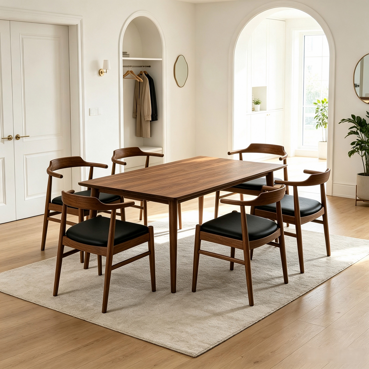 Levi Mid-Century Solid Wood Dining Table Set, 86-Inch Rectangular with 6 Leather Chairs, Brown