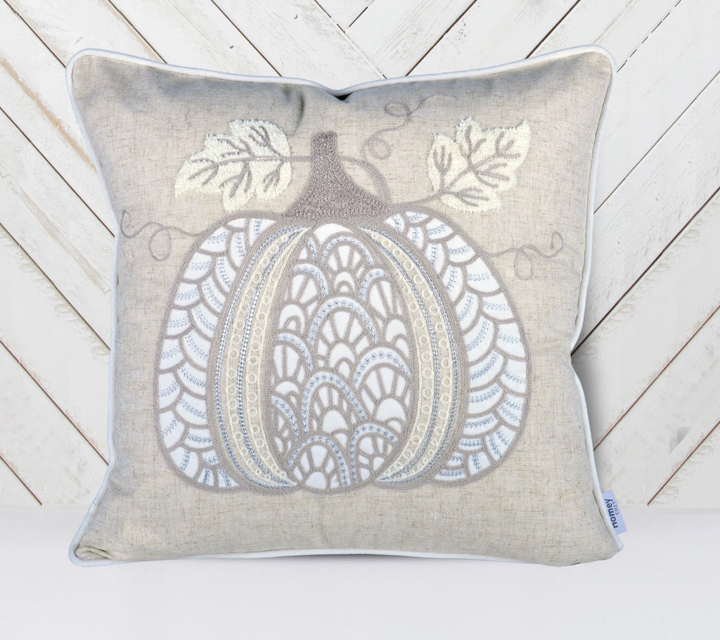 Lace Embroidered Pumpkin Throw Pillow – Neutral Fall Accent Cushion Set of 2