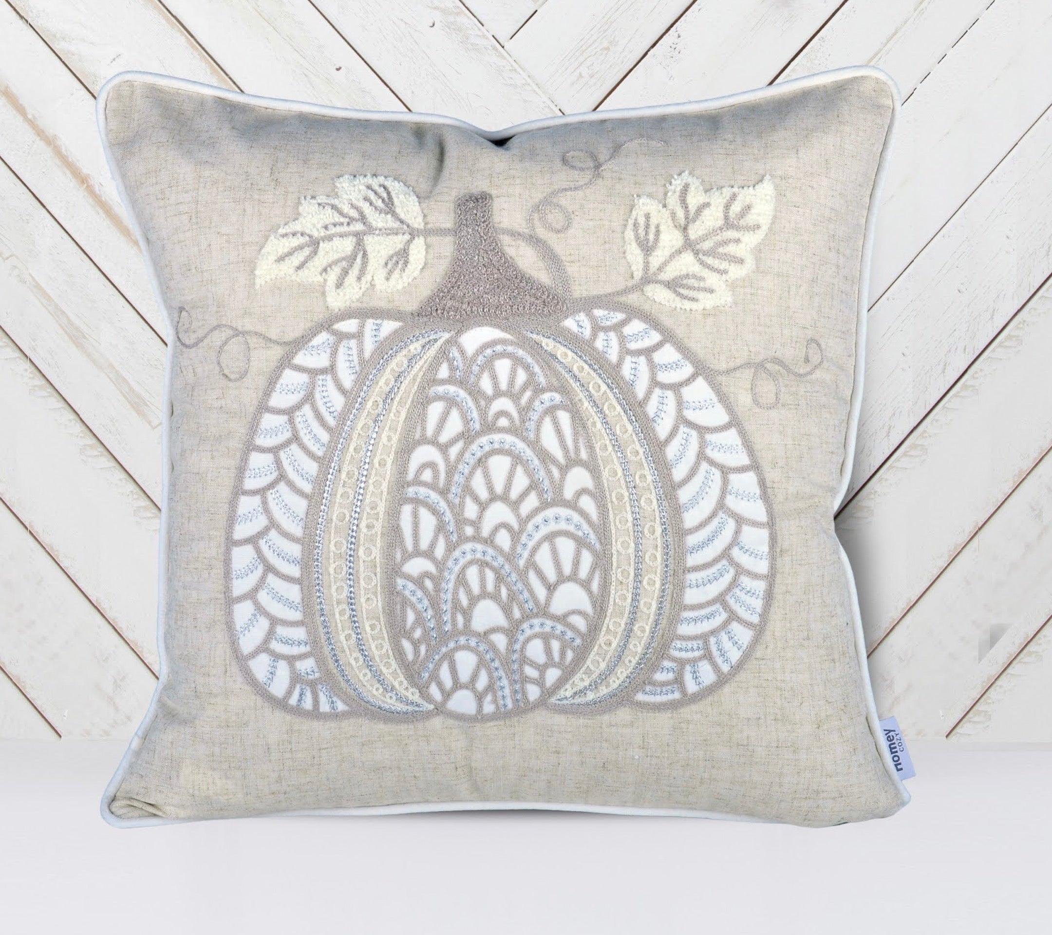 Lace Embroidered Pumpkin Throw Pillow – Neutral Fall Accent Cushion Set of 2