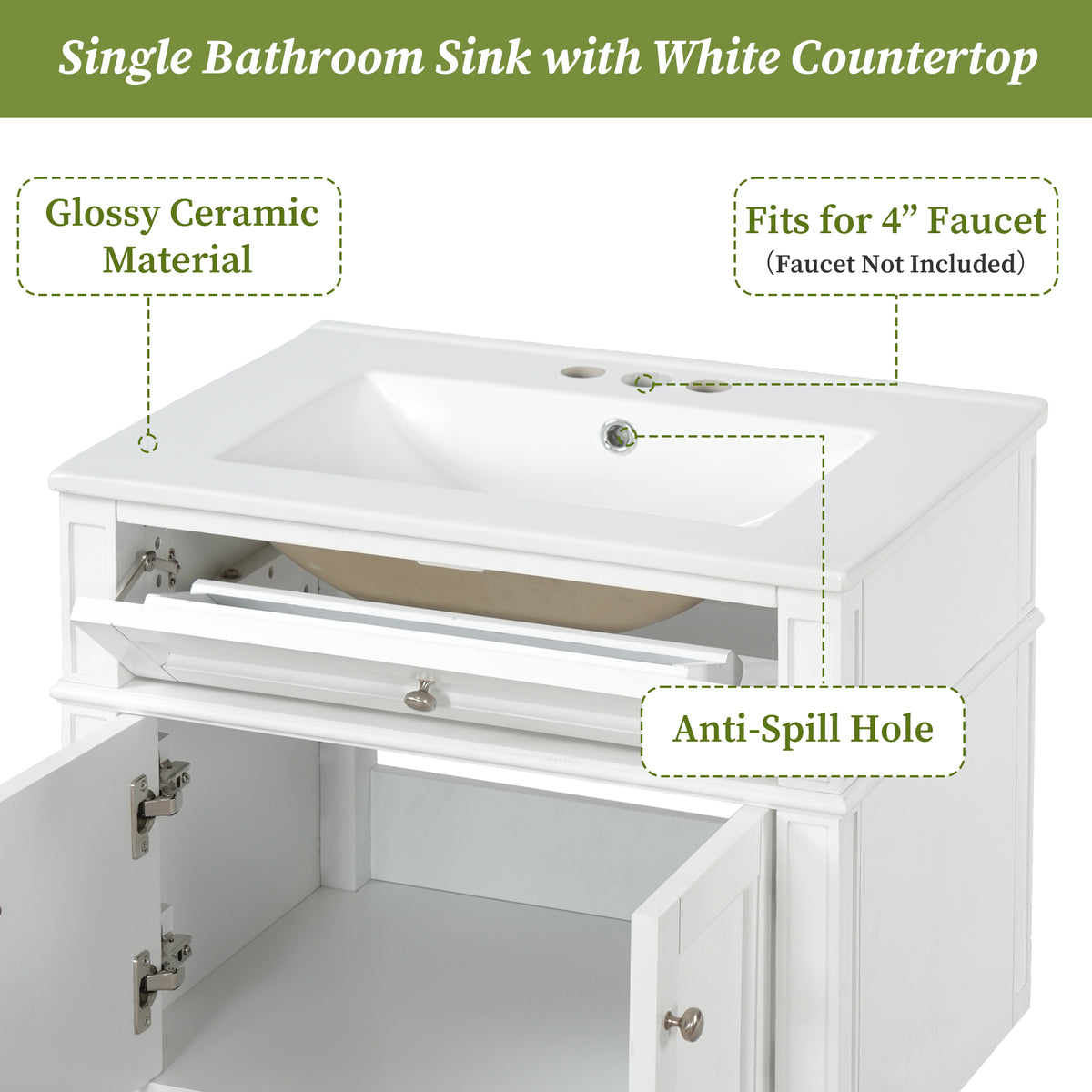 24-Inch Wall-Mounted Bathroom Vanity with Ceramic Sink and Soft-Close Doors, White