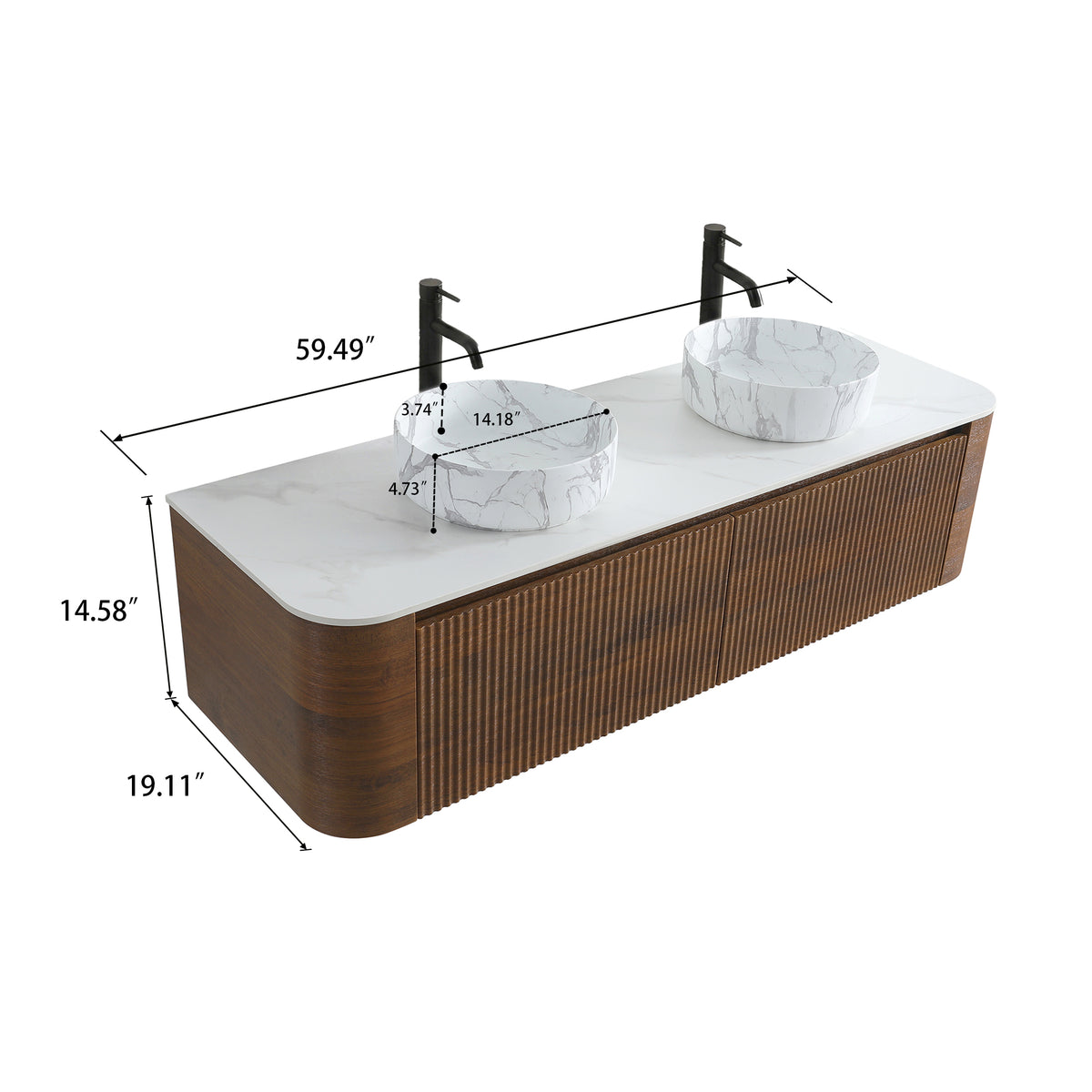 Erba 60-Inch Double Sink Bathroom Vanity, Walnut with Carrara White Ceramic