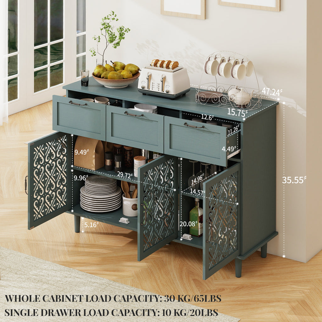 3 Door 3 Drawer Cabinet, Dark Green, 47-Inch Wide