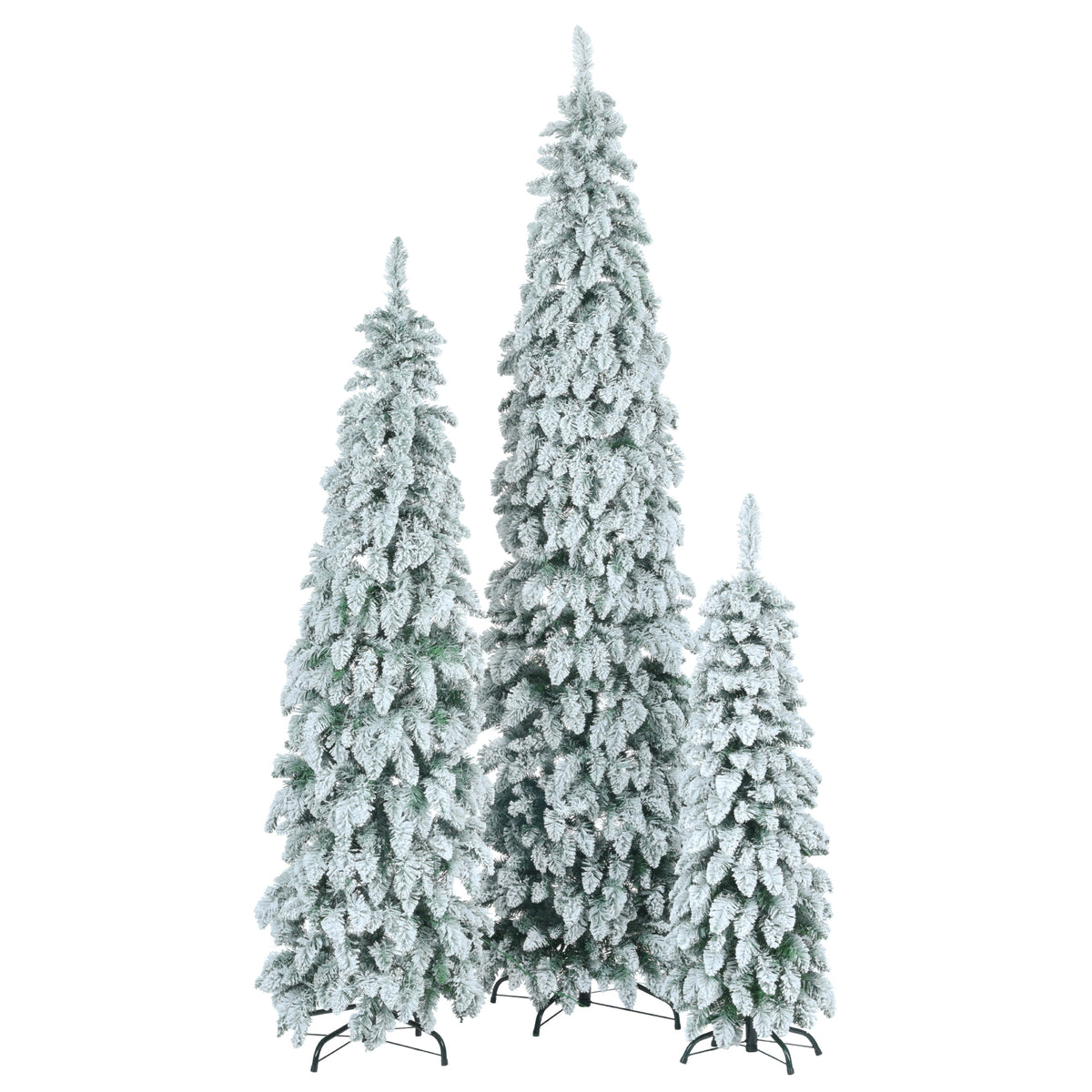 Pre-Lit Pencil Christmas Tree 3-Set, 4FT 6FT 8FT, Snow-Flocked, 290 LED Lights, 11 Modes