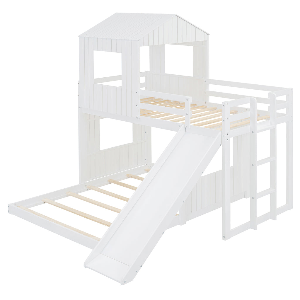 Wooden Twin Over Full Bunk Bed with Playhouse
