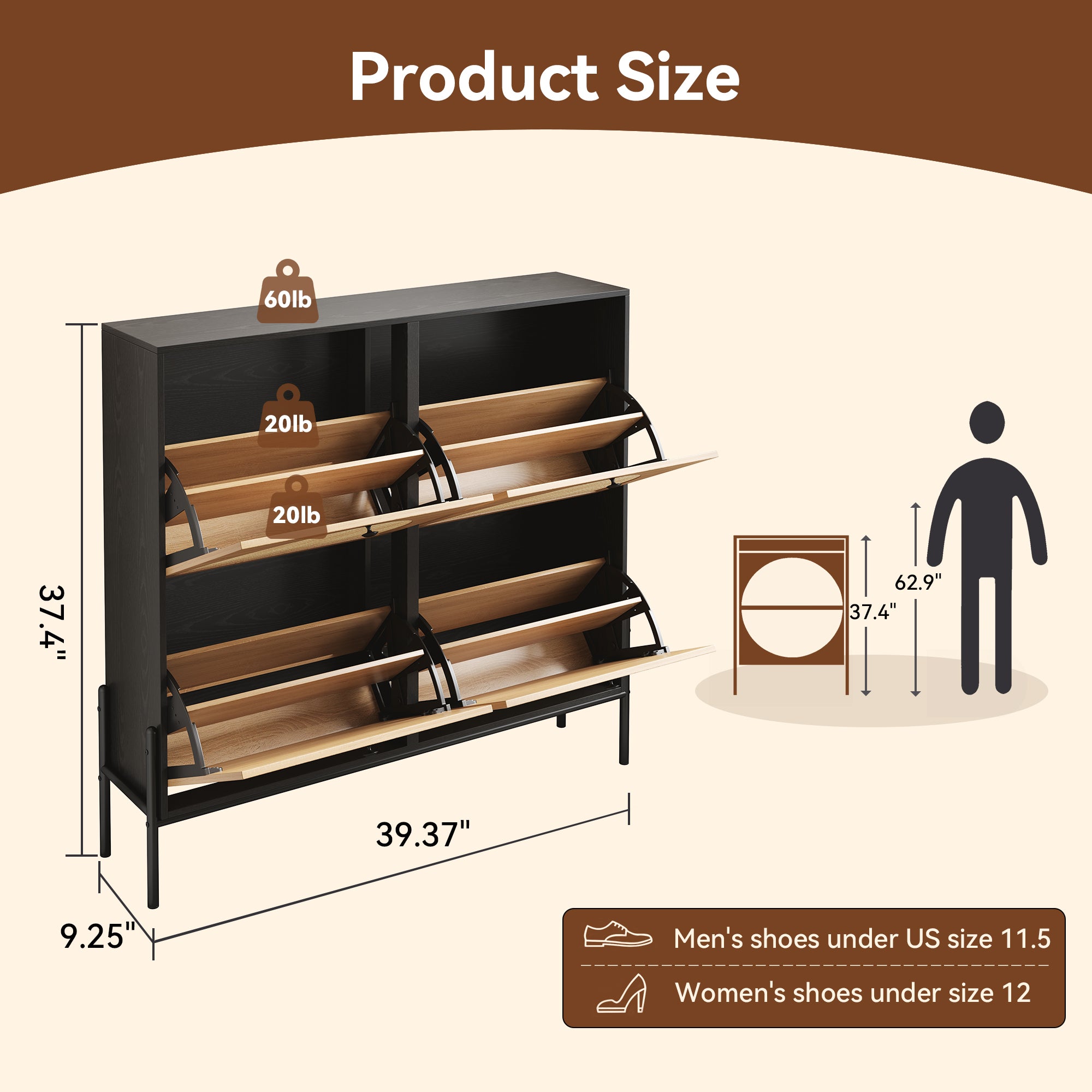 Space-Saving Rattan Shoe Cabinet with 4 Flip-Down Doors
