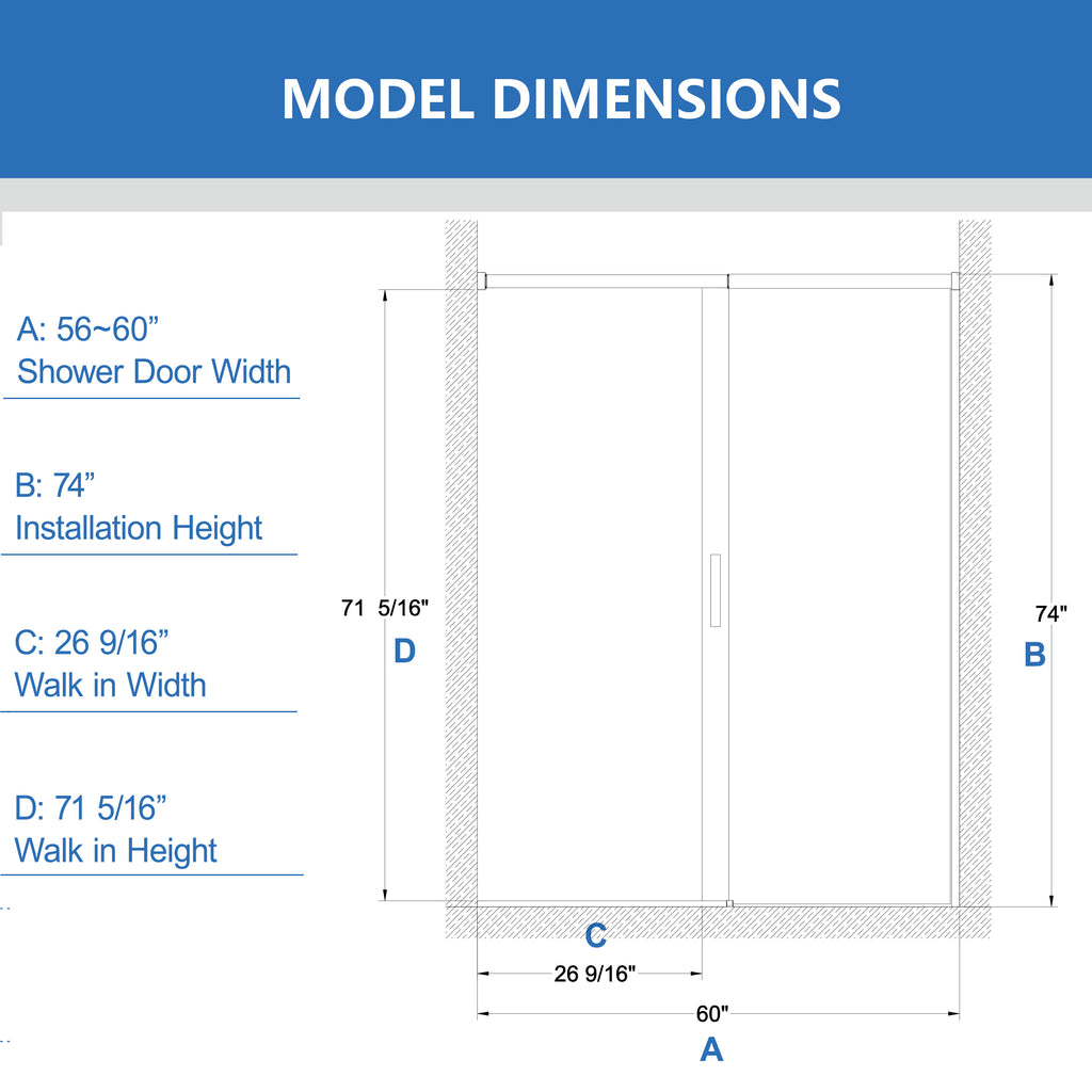 Semi-Frameless Sliding Shower Door, 56-60" W x 74" H