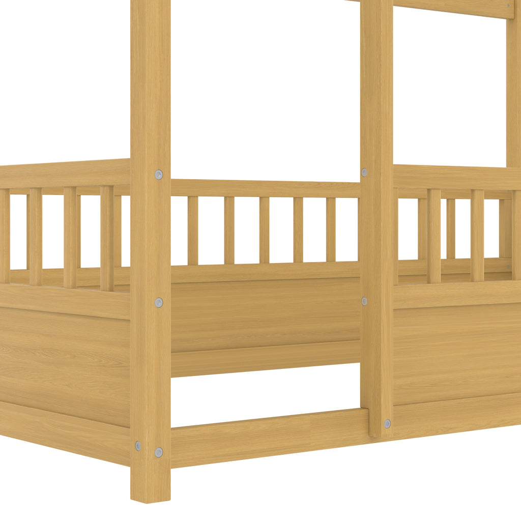 Twin Size Floor Wooden Bed with House Roof Frame