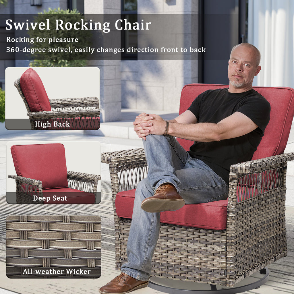 2 Piece Swivel Rocker Patio Chairs Set with 5-Inch Armrest and Thick Cushion, Gray/Red