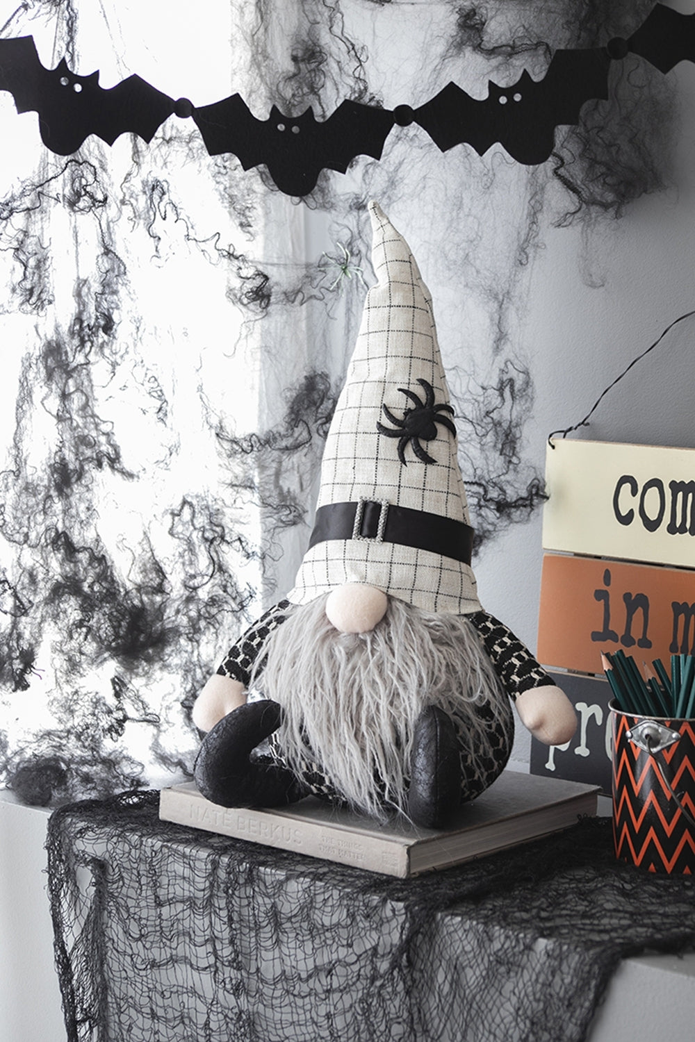23.5" Halloween Gnome – Fabric Sitting Decor with White Hat & Spider Accent