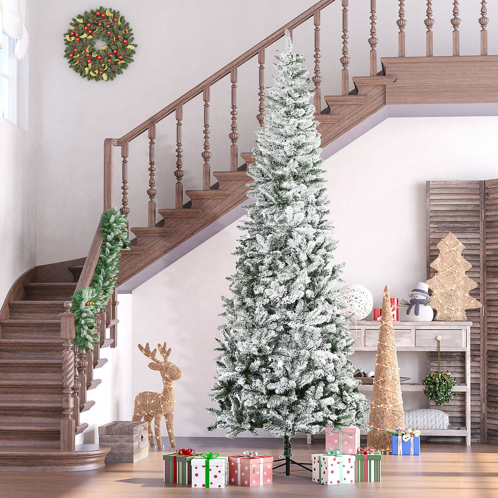 HOMCOM 9ft Unlit Snow-Flocked Slim Pine Christmas Tree