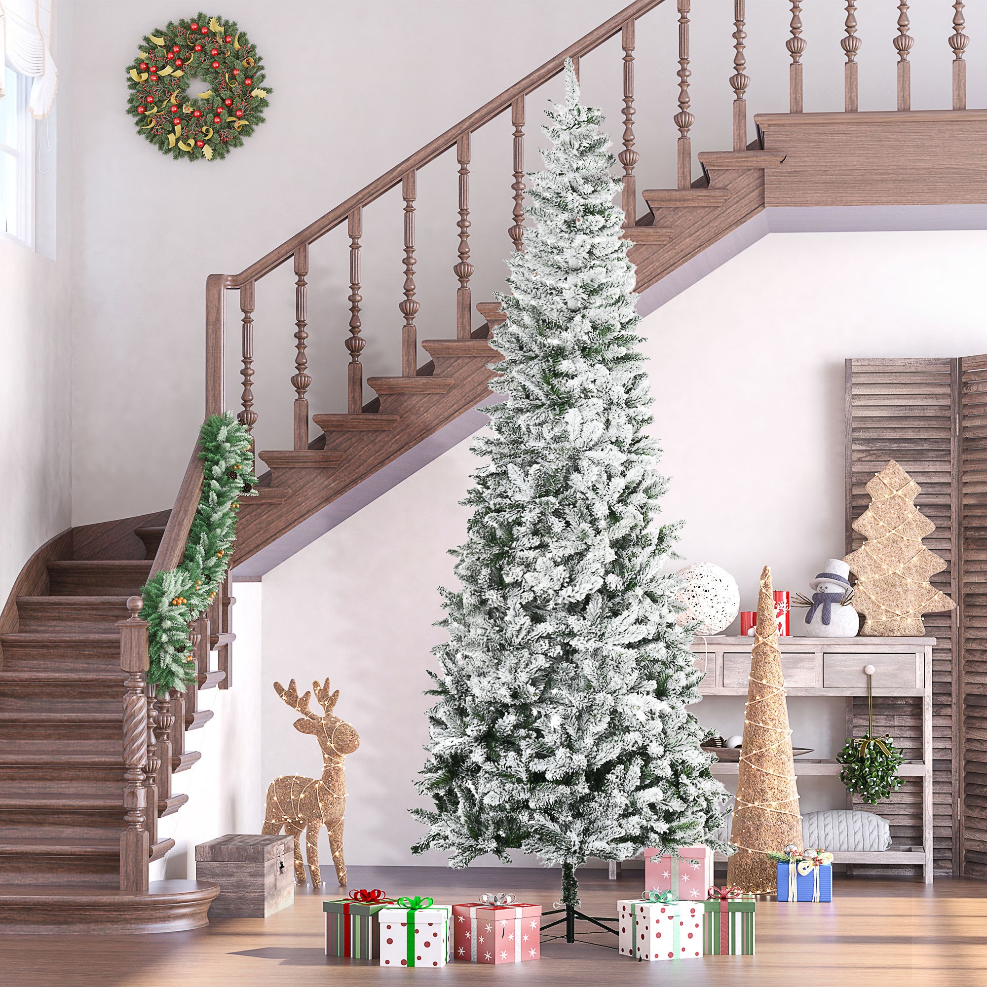 HOMCOM 9ft Unlit Snow-Flocked Slim Pine Christmas Tree