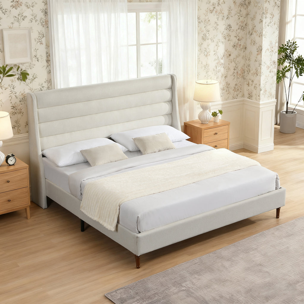 King Size Bed Frame with High Wave-Shaped Headboard