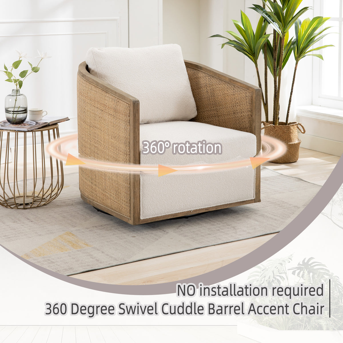 Swivel Barrel Chair, Beige Boucle, 360-Degree Rotation