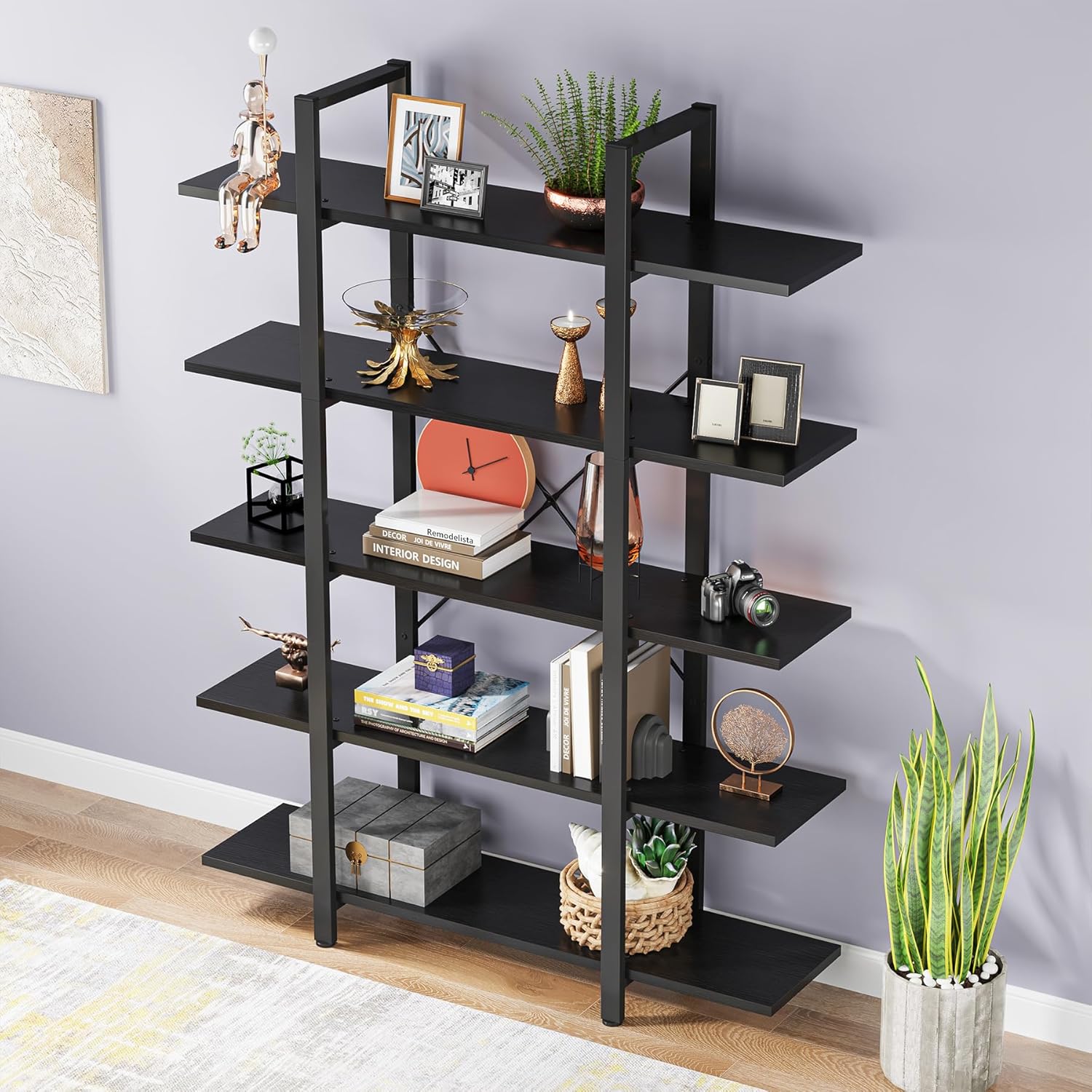 70.07" Height 5-Tier Vintage Industrial Black Bookshelf