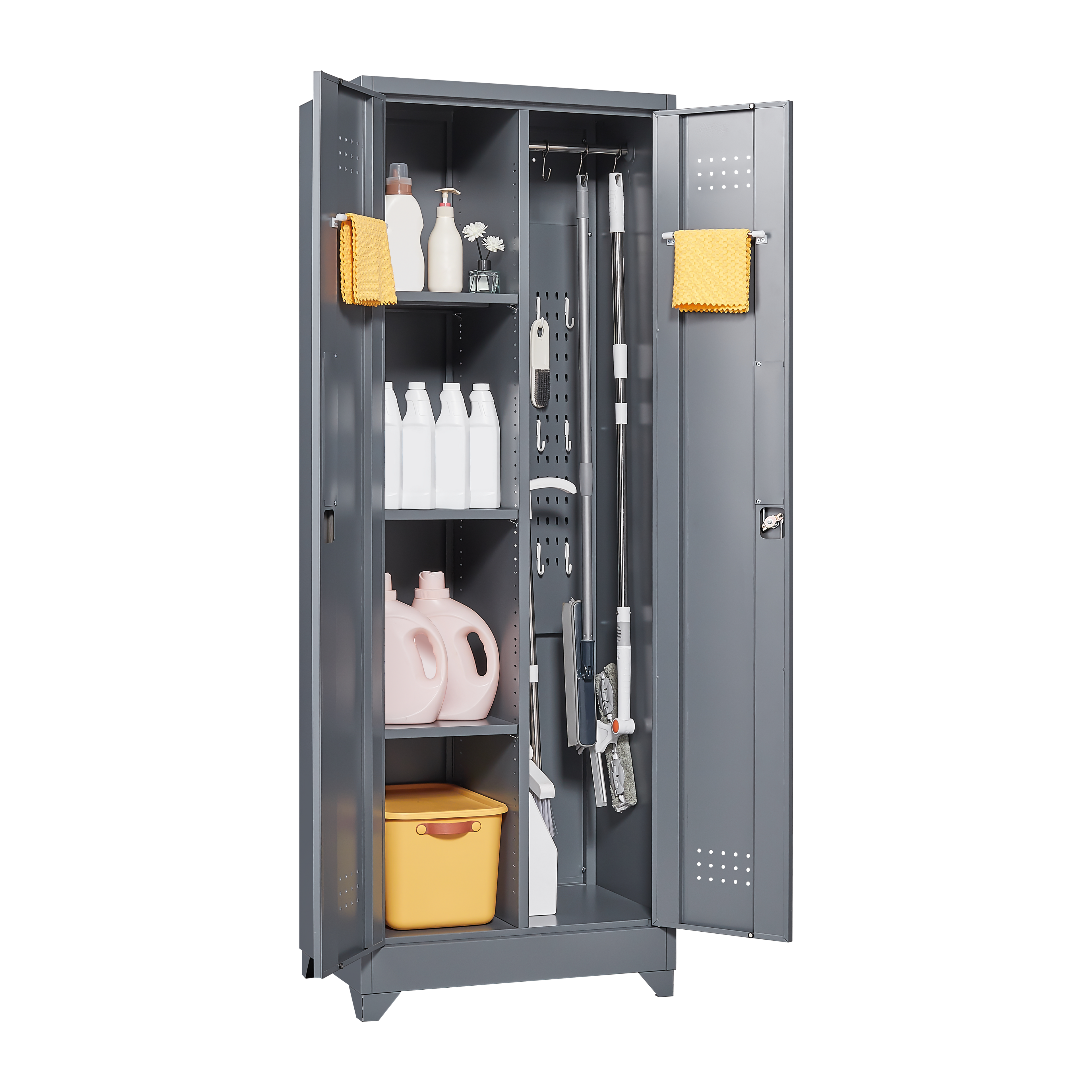 Broom Storage Cabinet With Locking Doors And Shelves