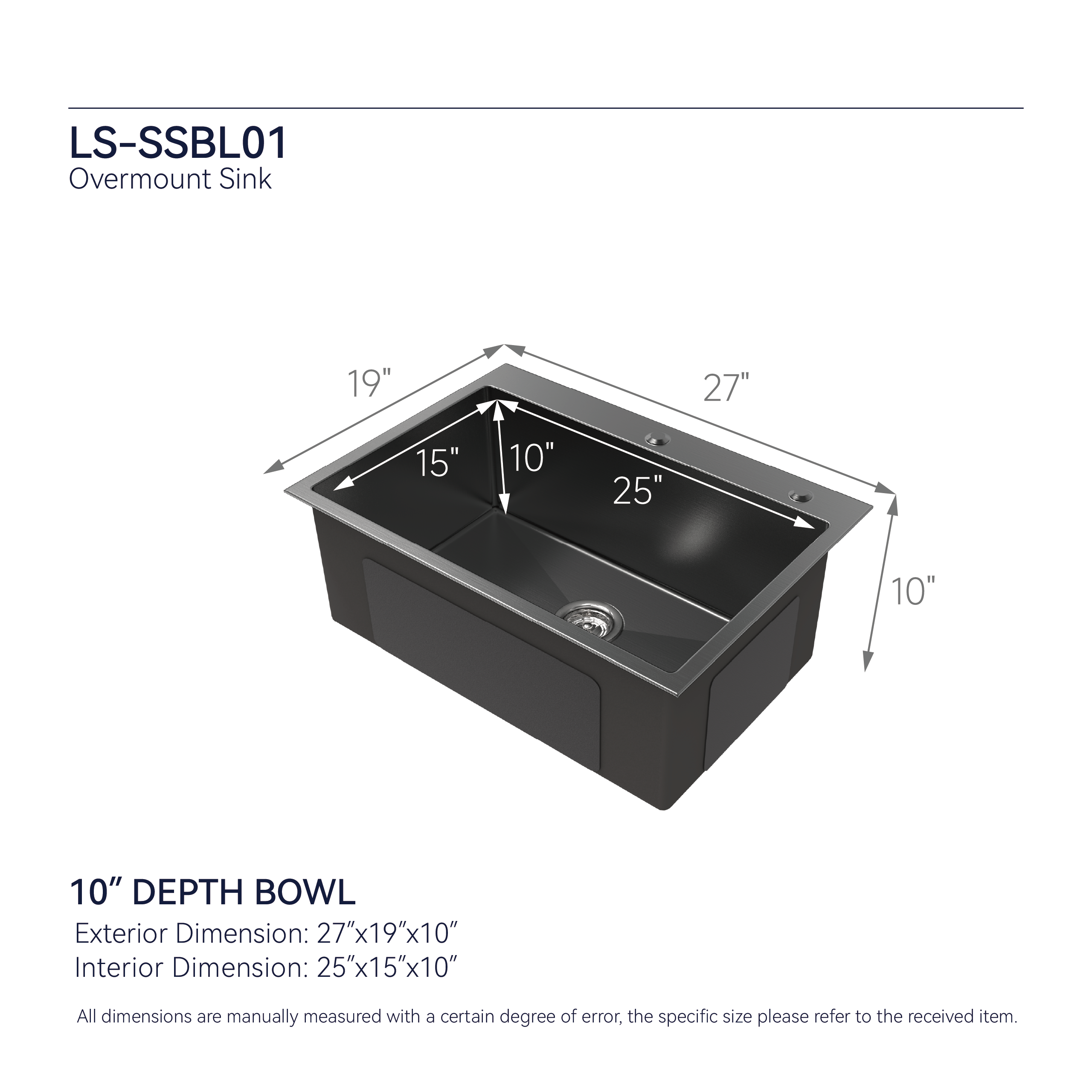 Stainless Steel Kitchen Sink - 27"x19" Single Bowl
