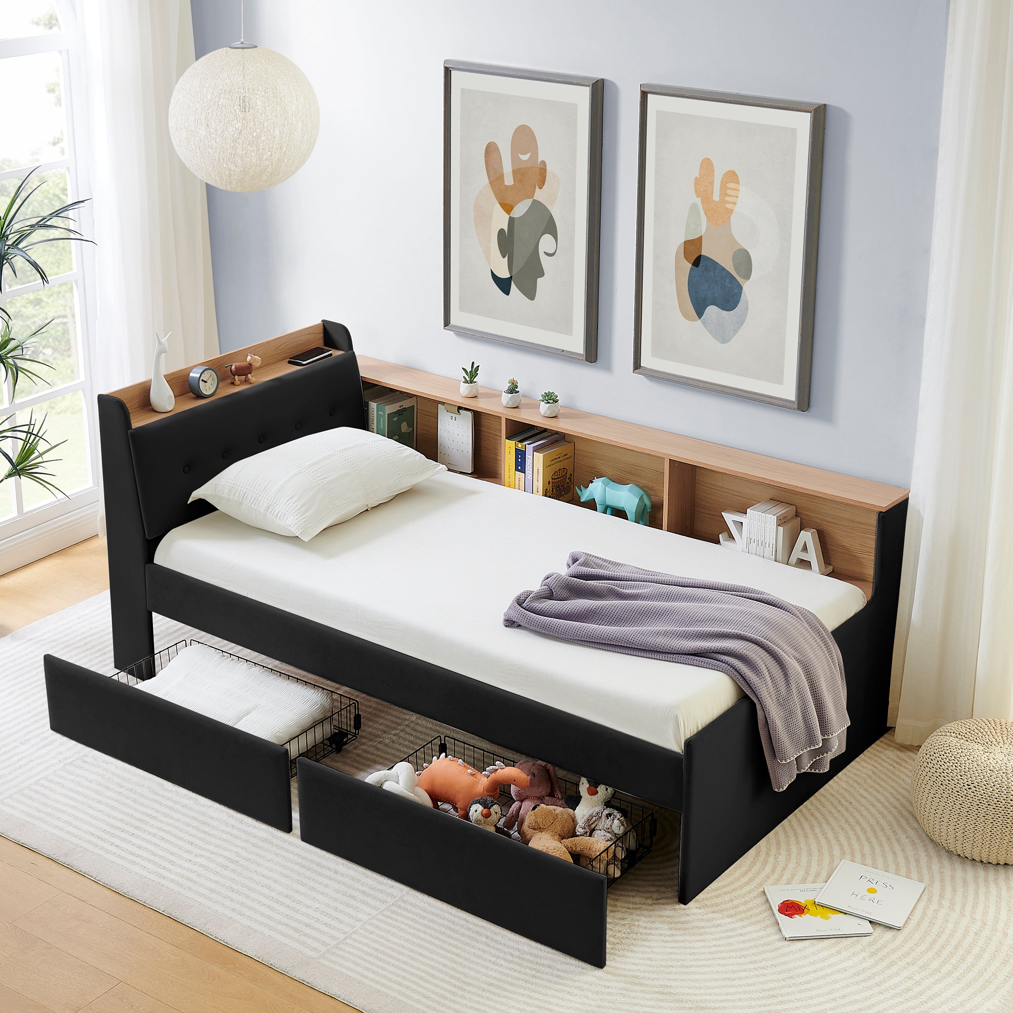 Twin Size Upholstery Velvet Day Bed with Storage Headboard