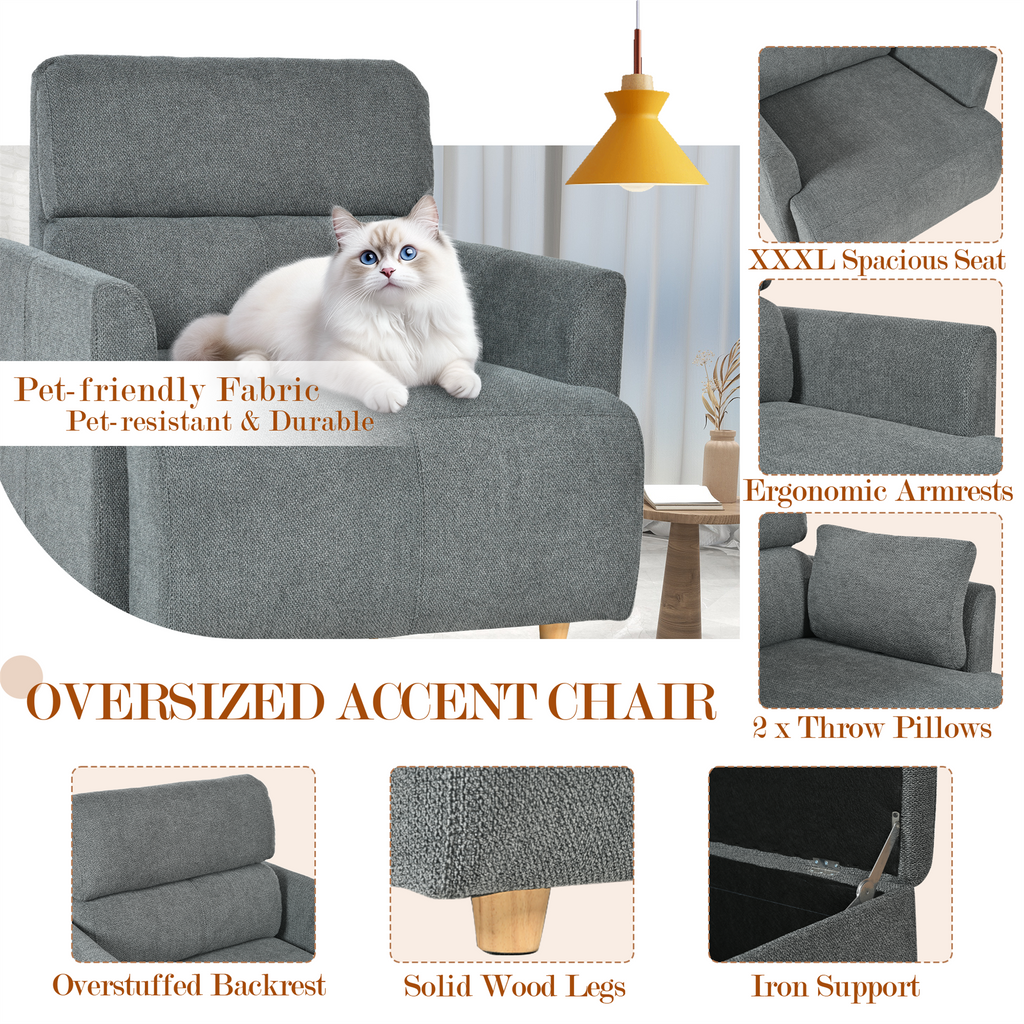 Oversized Accent Chair with Storage Ottoman, Dark Gray Velvet