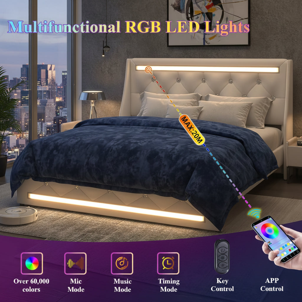 Queen Size Bed Frame with LED Lights and Charging Station