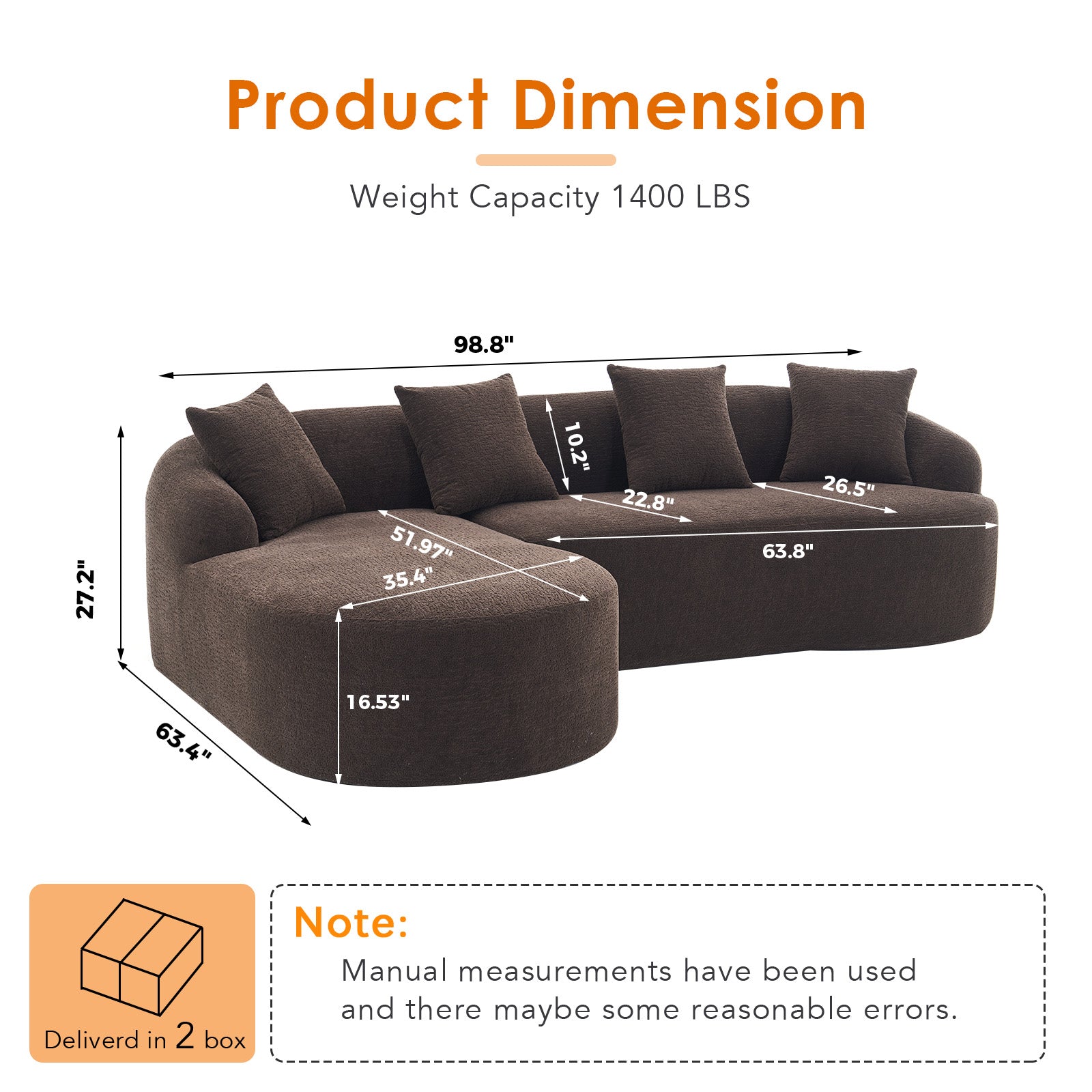 Compression Sponge L-Shape Sectional Sofa with Curved Chaise