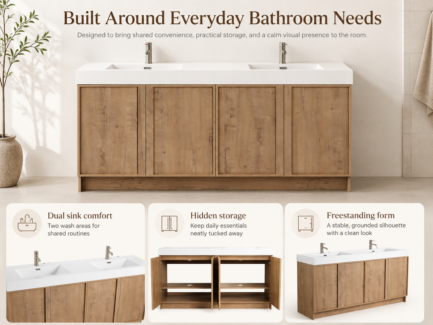 72" Freestanding Bathroom Vanity With Dual Resin Sink