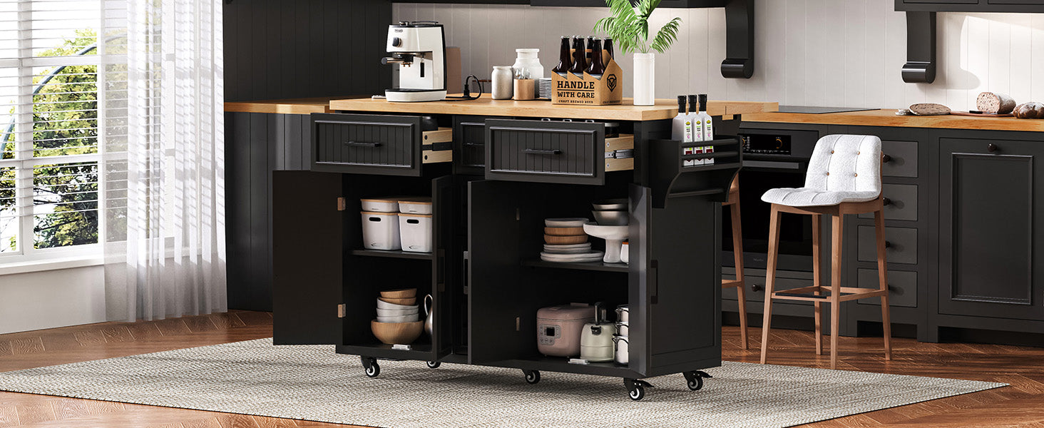 K&K 56.5'' Kitchen Island with Drop Leaf and Power Outlet