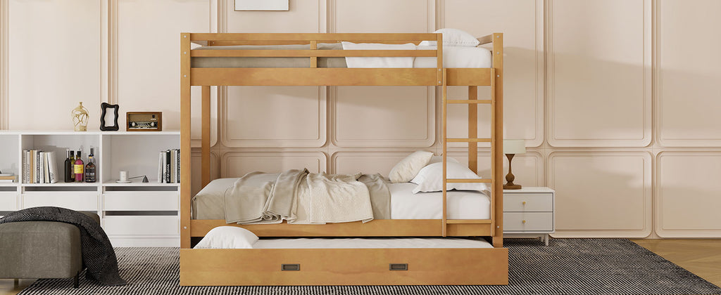 Wood Queen Size Bunk Bed with Ladder and Trundle, Wood Color