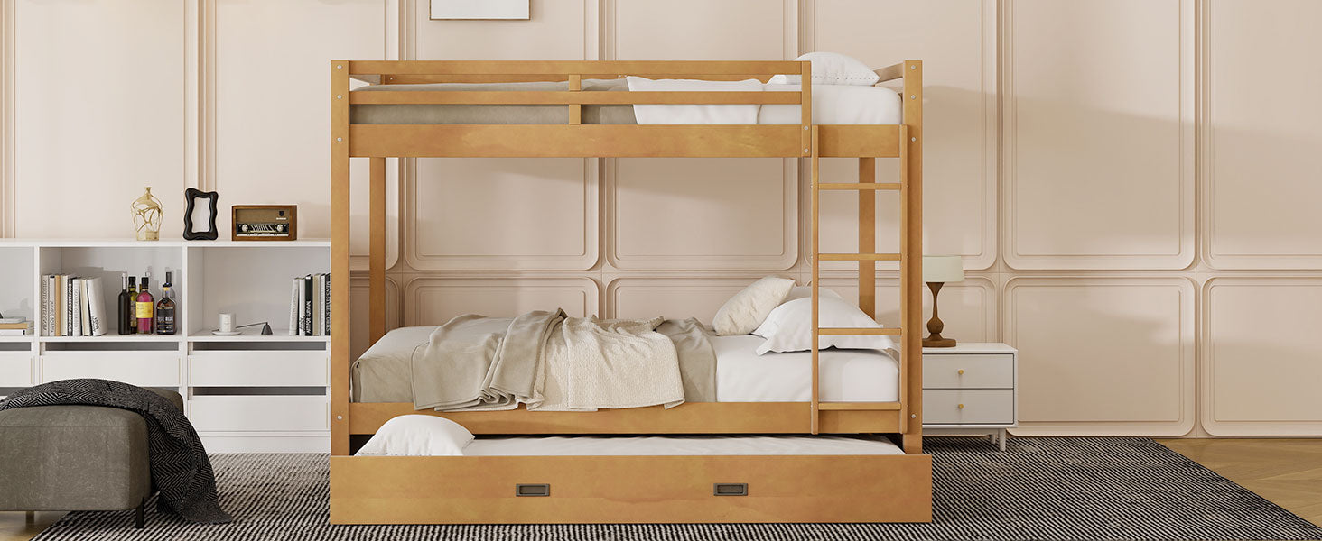 Wood Queen Size Bunk Bed with Ladder and Trundle, Wood Color