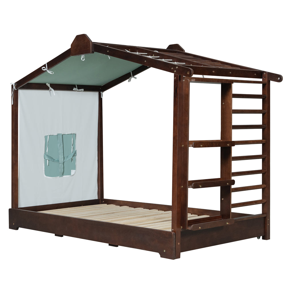 Twin Size House Bed with Twin Size Trundle and Side Shelves