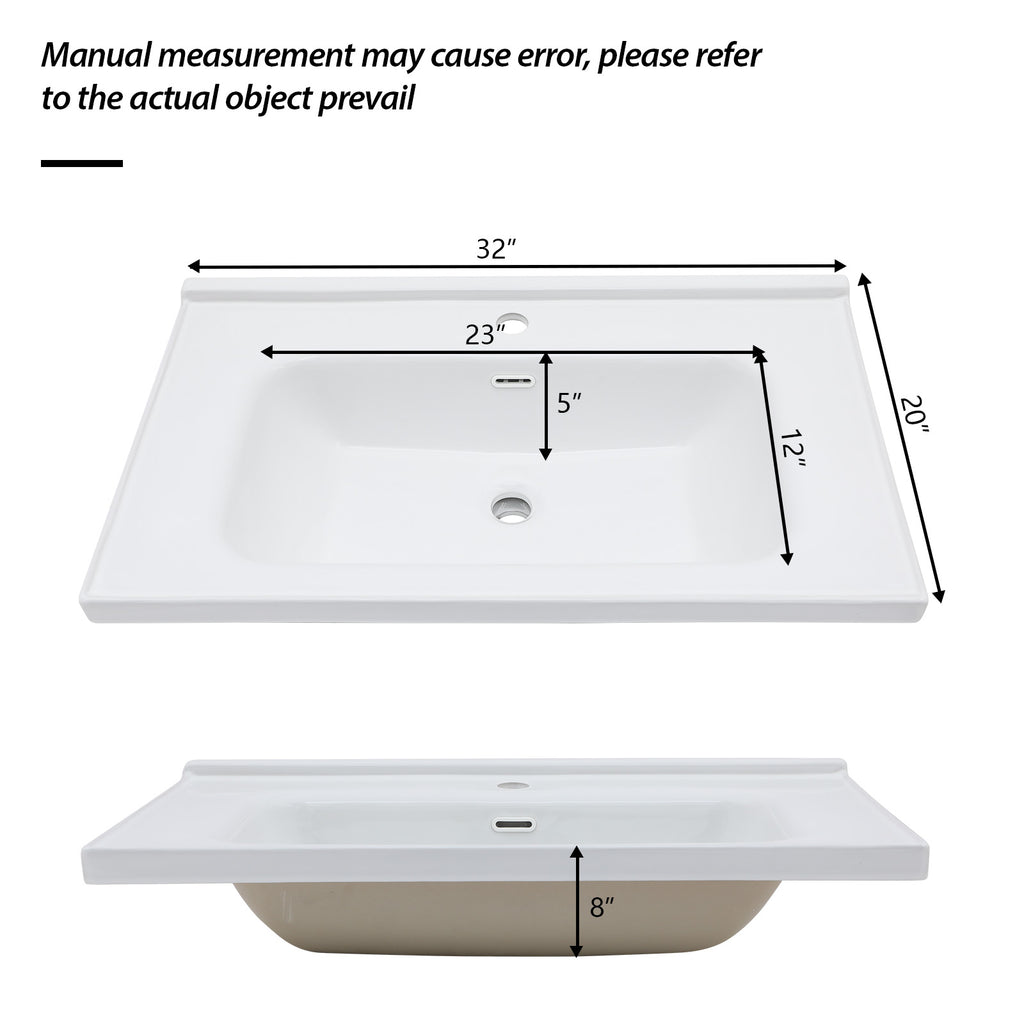 32"x20" White Rectangular Single Vanity Top
