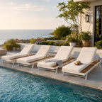 White Iron + Teak Finish Outdoor Chaise Lounge Set