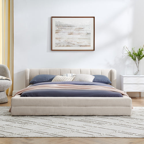 Queen Size Upholstered Bed Frame with Headboard - Beige