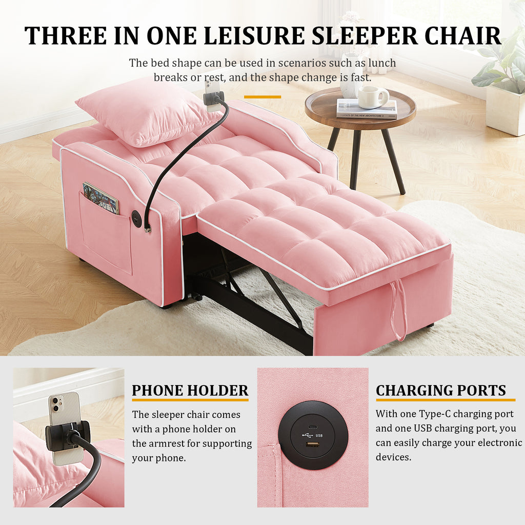 3-in-1 Convertible Sleeper Chair, Pink Velvet with USB Charging