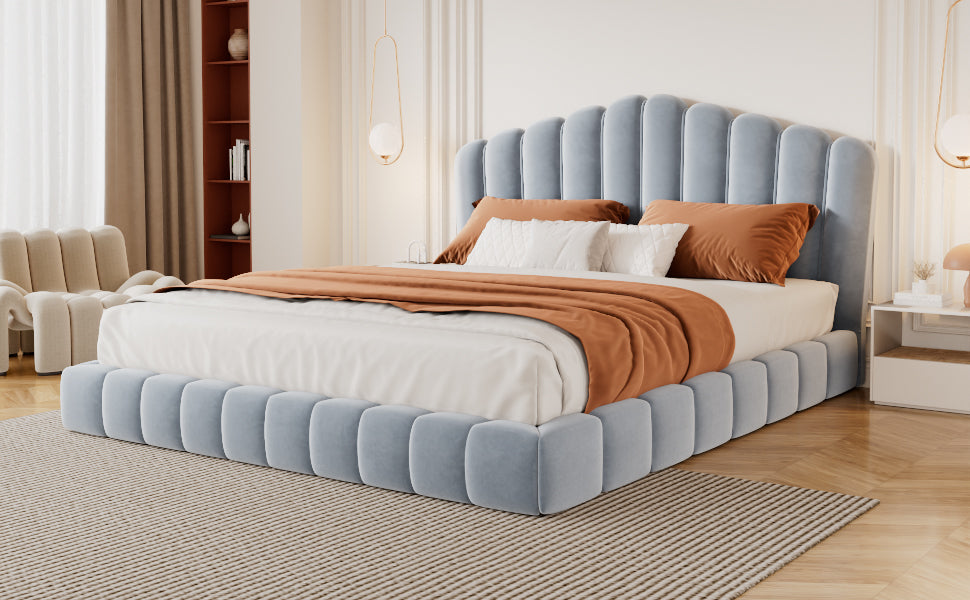 Velvet Upholstered Queen Bed Frame with Shell-Shaped Headboard