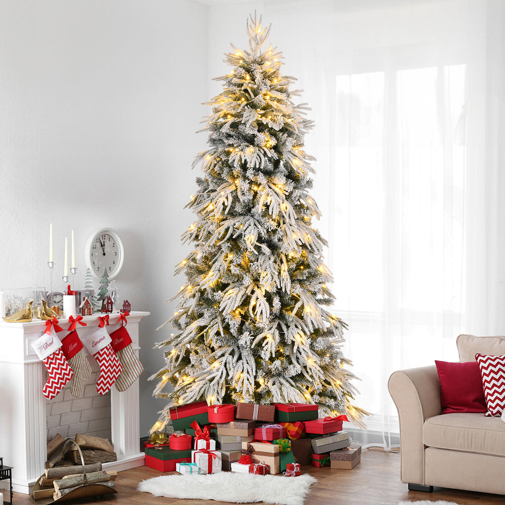 8ft Slim Flocked Christmas Tree, Pre-lit 350 Warm Lights, White