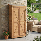 Outdoor Wooden Storage Shed with Metal Top Tall Vertical Tool Cabinet