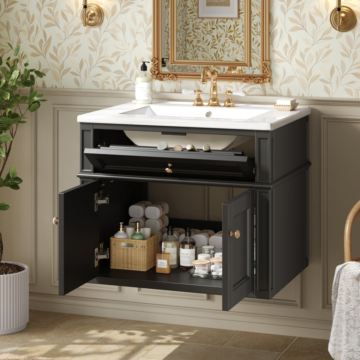 24" Wall Mounted Modern Bathroom Vanity with Soft-Close Hinges
