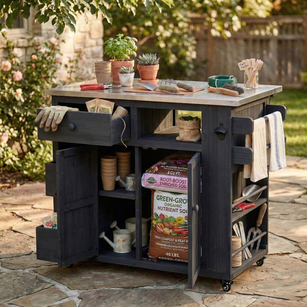TOPMAX Outdoor Solid Wood Extendable Kitchen Island