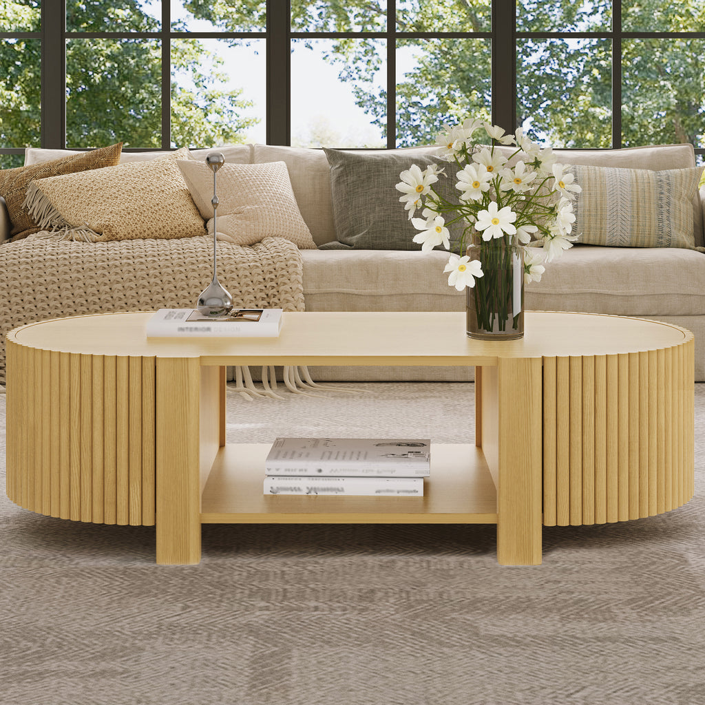 Oval Fluted Coffee Table with Storage for Living Room