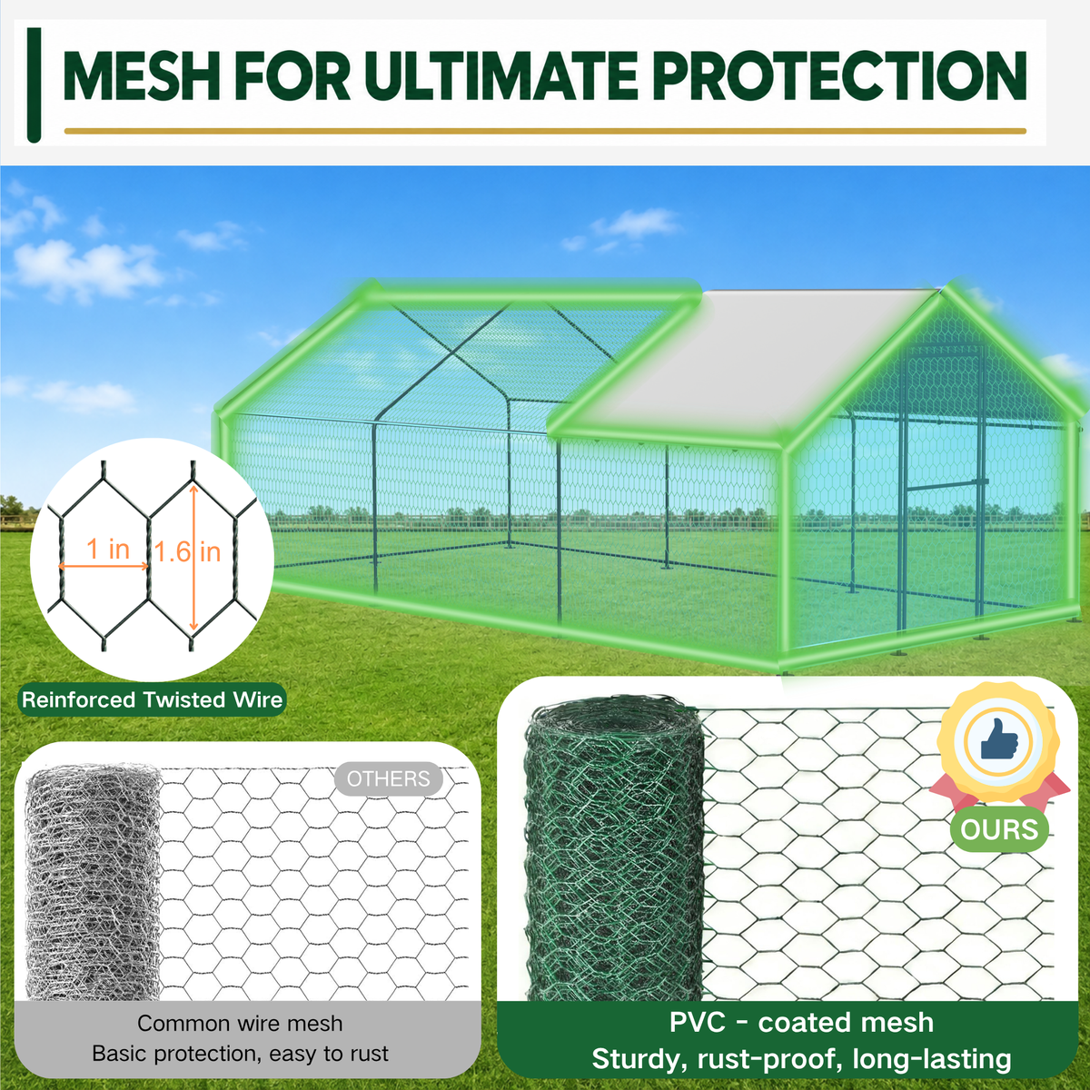 Large Metal Chicken Coop Run with Waterproof Cover, 19.7 x 9.8 x 6.6 ft, Black