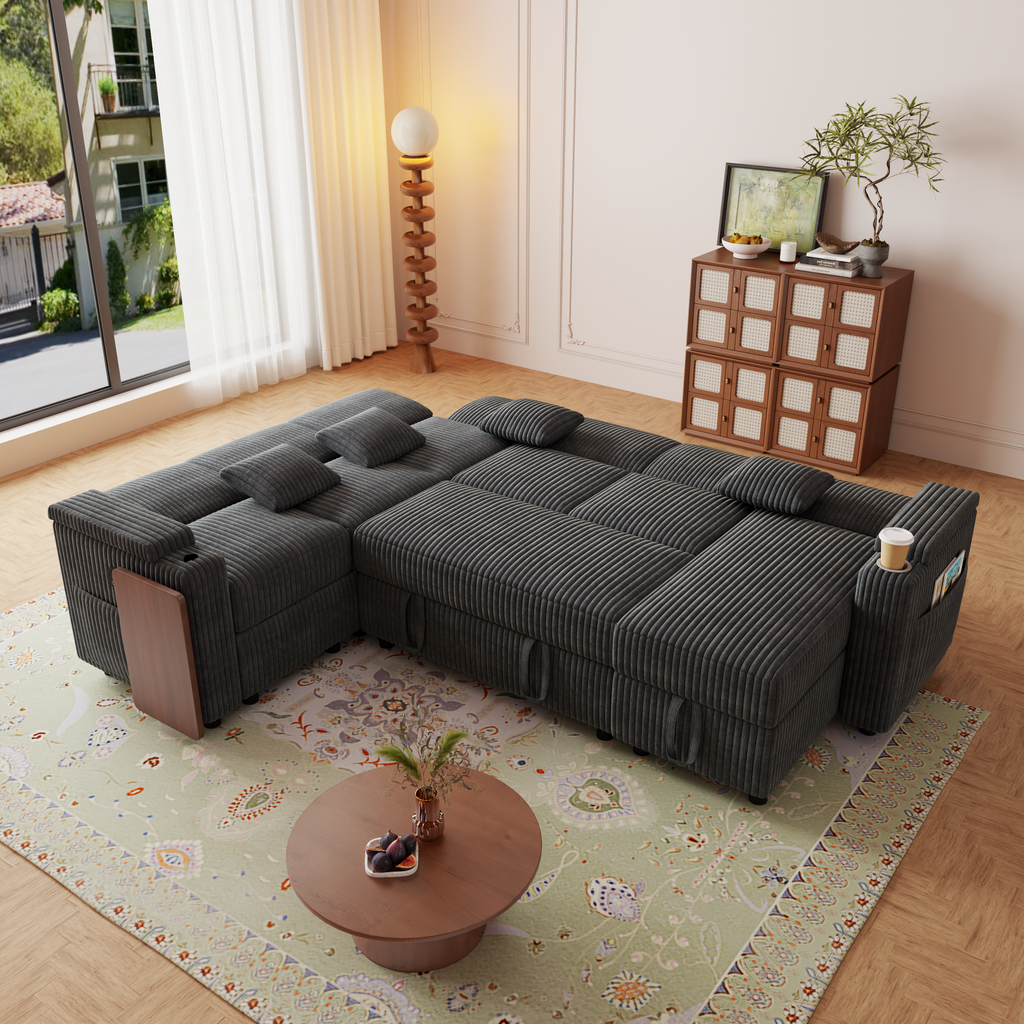 100-Inch Pull-Out Sofa with USB Ports, Table Board & Cup Holder