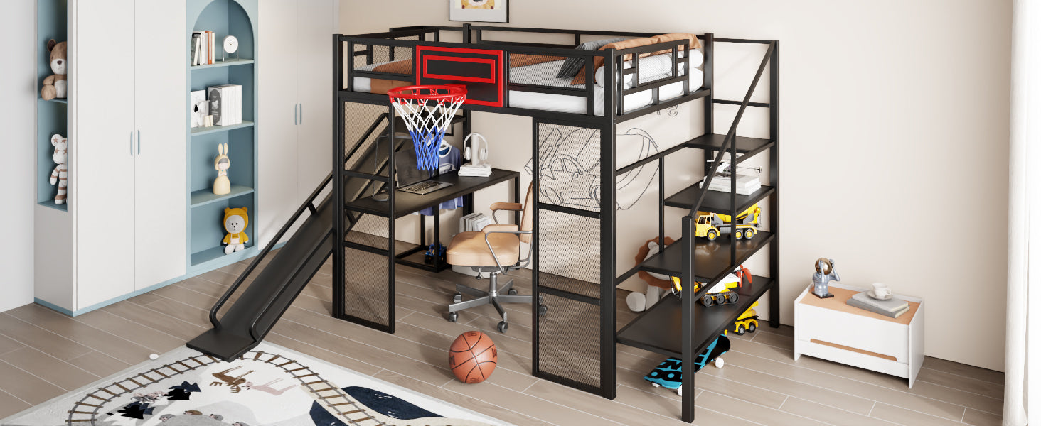 Full Size Metal Loft Bed with Built-in Desk, Open Wardrobe, Basketball Hoop, Slide and Staircase