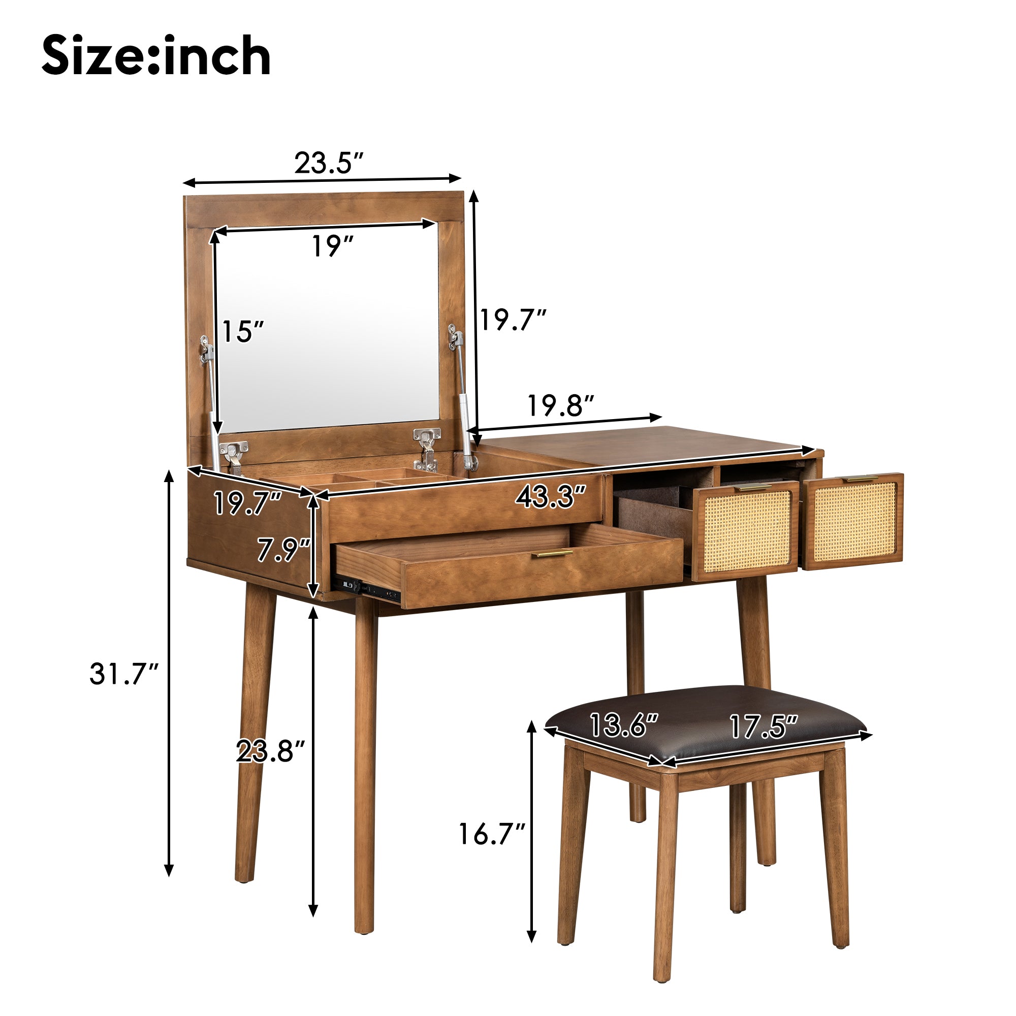 Classic Wood Makeup Vanity Set with Flip-top Mirror and Stool