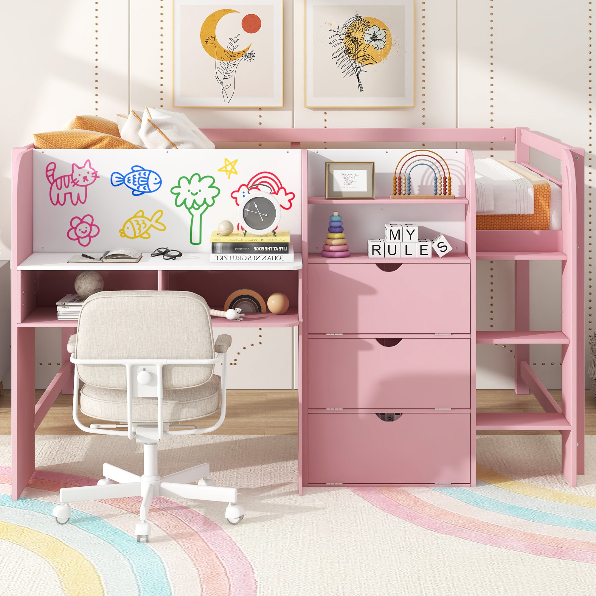 Full Size Low Loft Bed with Built-in Desk, Storage Cabinets and Open Bookcase
