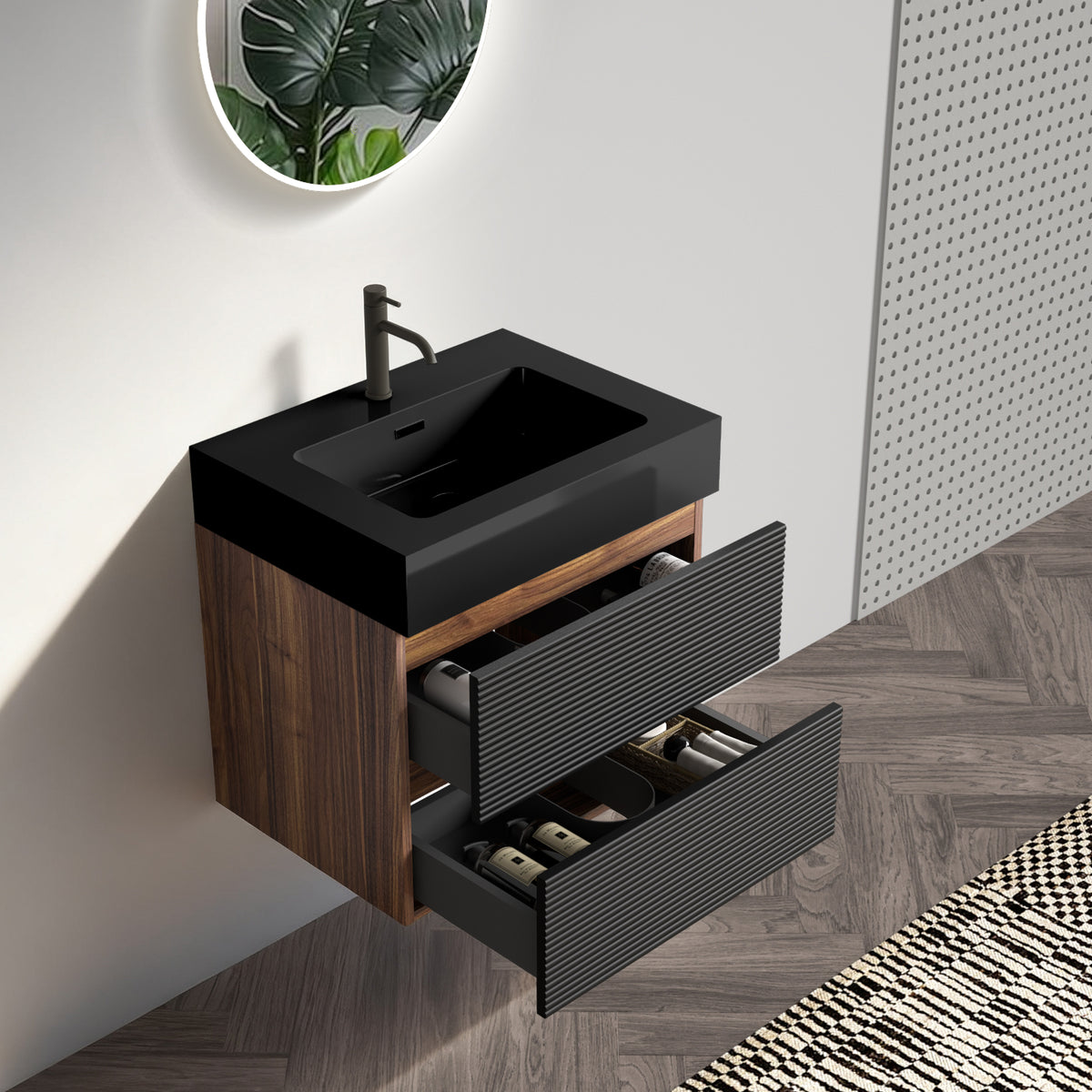 Grace 24-Inch Wall-Mounted Bathroom Vanity with Soft-Close Drawers, Black and Walnut