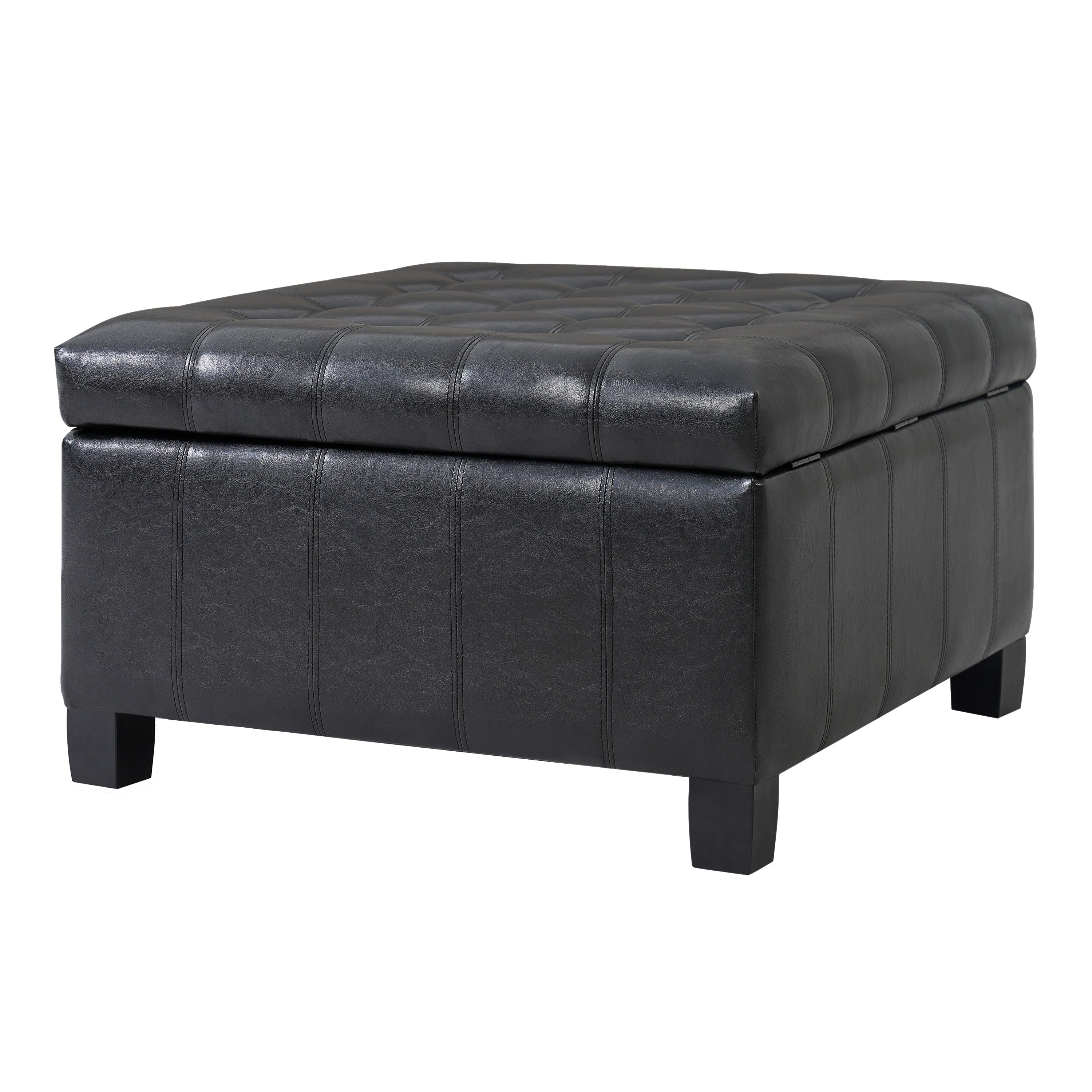Black PU Storage Ottoman with Rubber Wood Legs