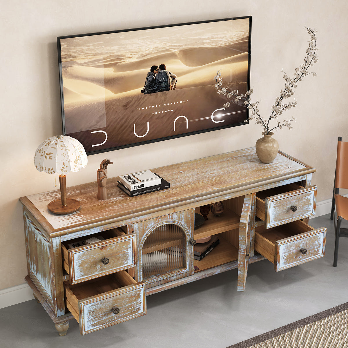 60" Farmhouse TV Stand with 4 Drawers & 2 Glass Doors, Rustic Wood Media Console, Distressed Entertainment Center for TV