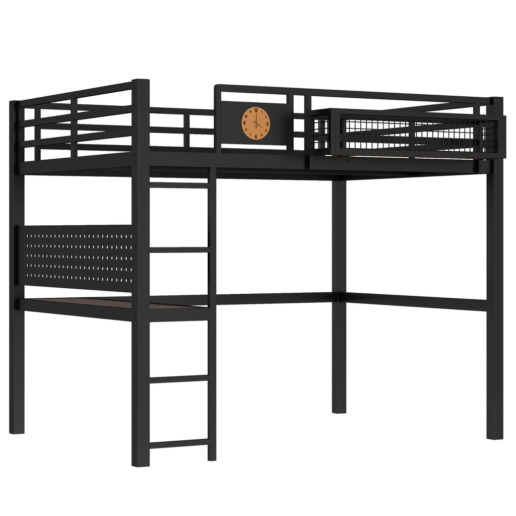 Full Size Loft Bed Frame with Desk and Storage Basket