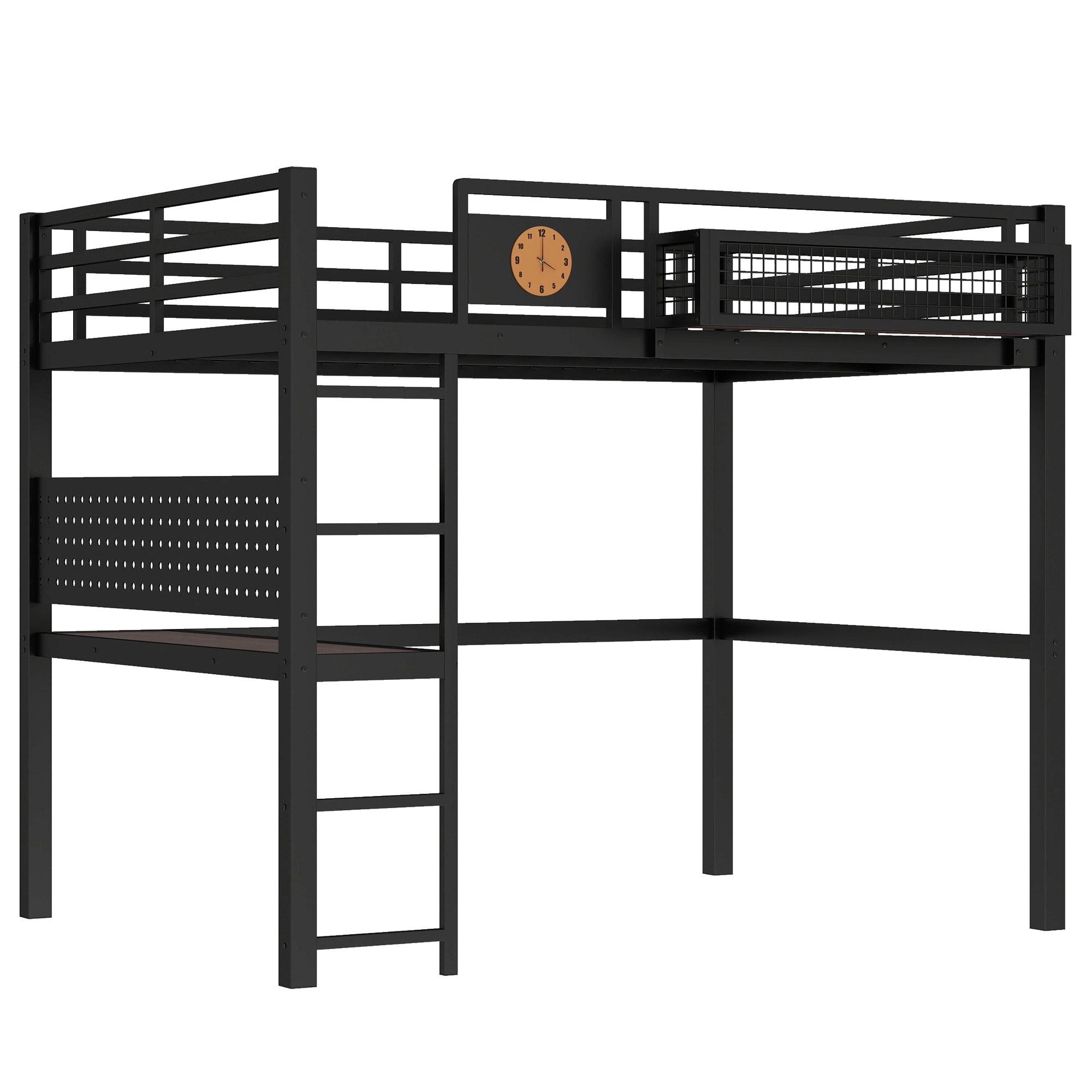 Full Size Loft Bed Frame with Desk and Storage Basket