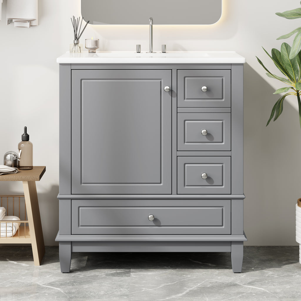30" Bathroom Vanity with Sink, One Door with Shelf and Three Drawers